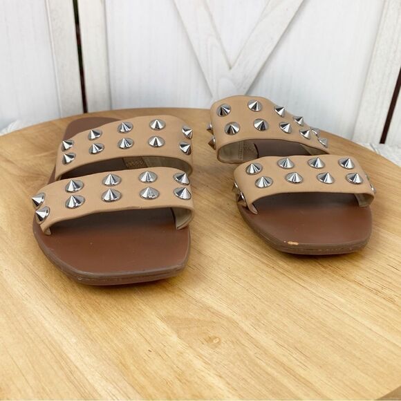 Nine West Brynli3 Studded Dual Strap Slide Sandals Tan Silver 7 - Picture 5 of 11